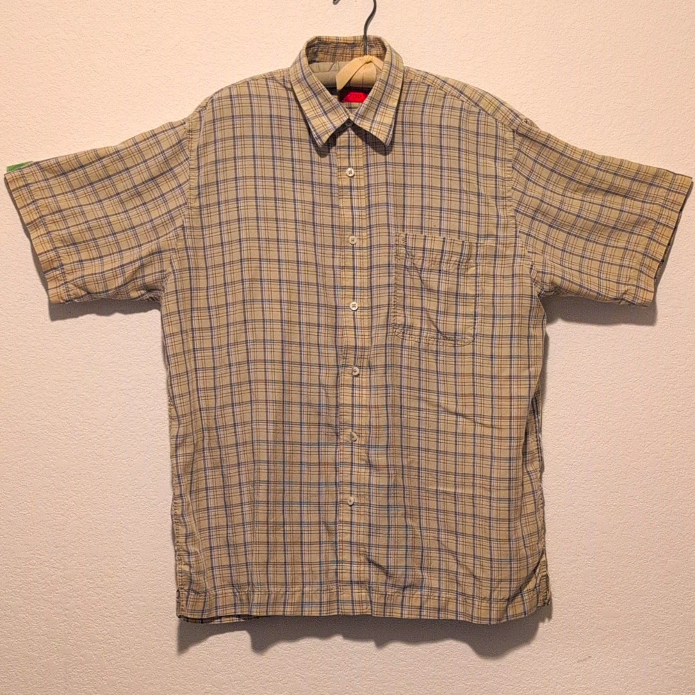 IZOD Men’s L Beige/Blue Plaid Tencel Woven Short Sleeve Point Collar Shirt